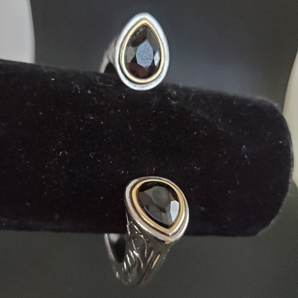 Silver and Gold Black Stone Hinged Cuff Bracelet